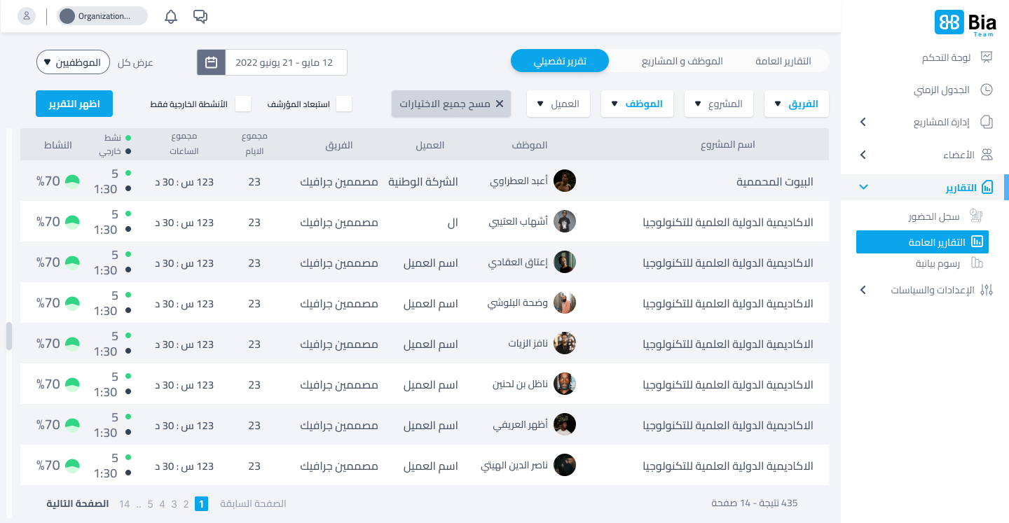 تقارير مفصلة – إنشاء تقارير شاملة توضح الساعات المستغرقة لكل مشروع، لكل عميل، والمزيد.